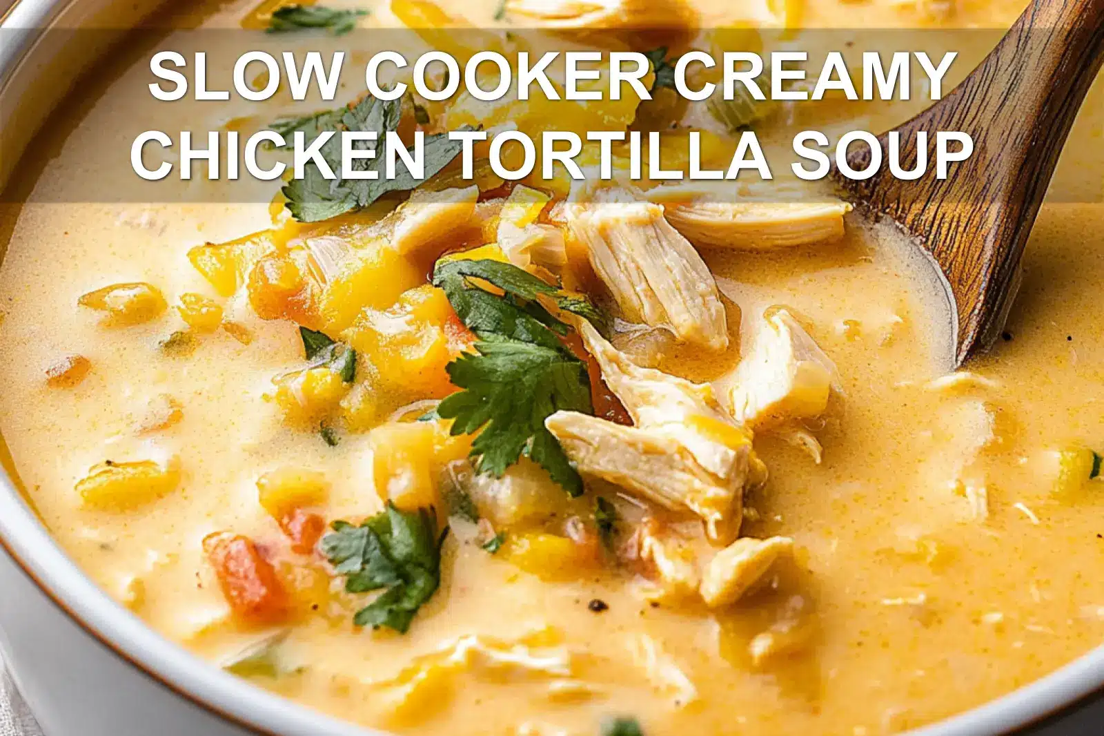 SLOW COOKER CREAMY CHICKEN TORTILLA SOUP centered hero view, clean and uncluttered