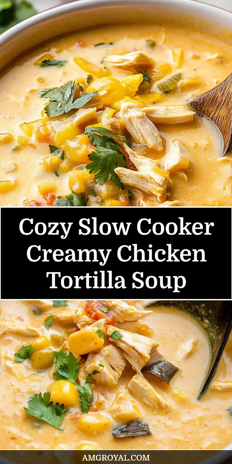 Bowl of slow cooker creamy chicken tortilla soup ready to serve with toppings like tortilla strips, cheese, cilantro, avocado