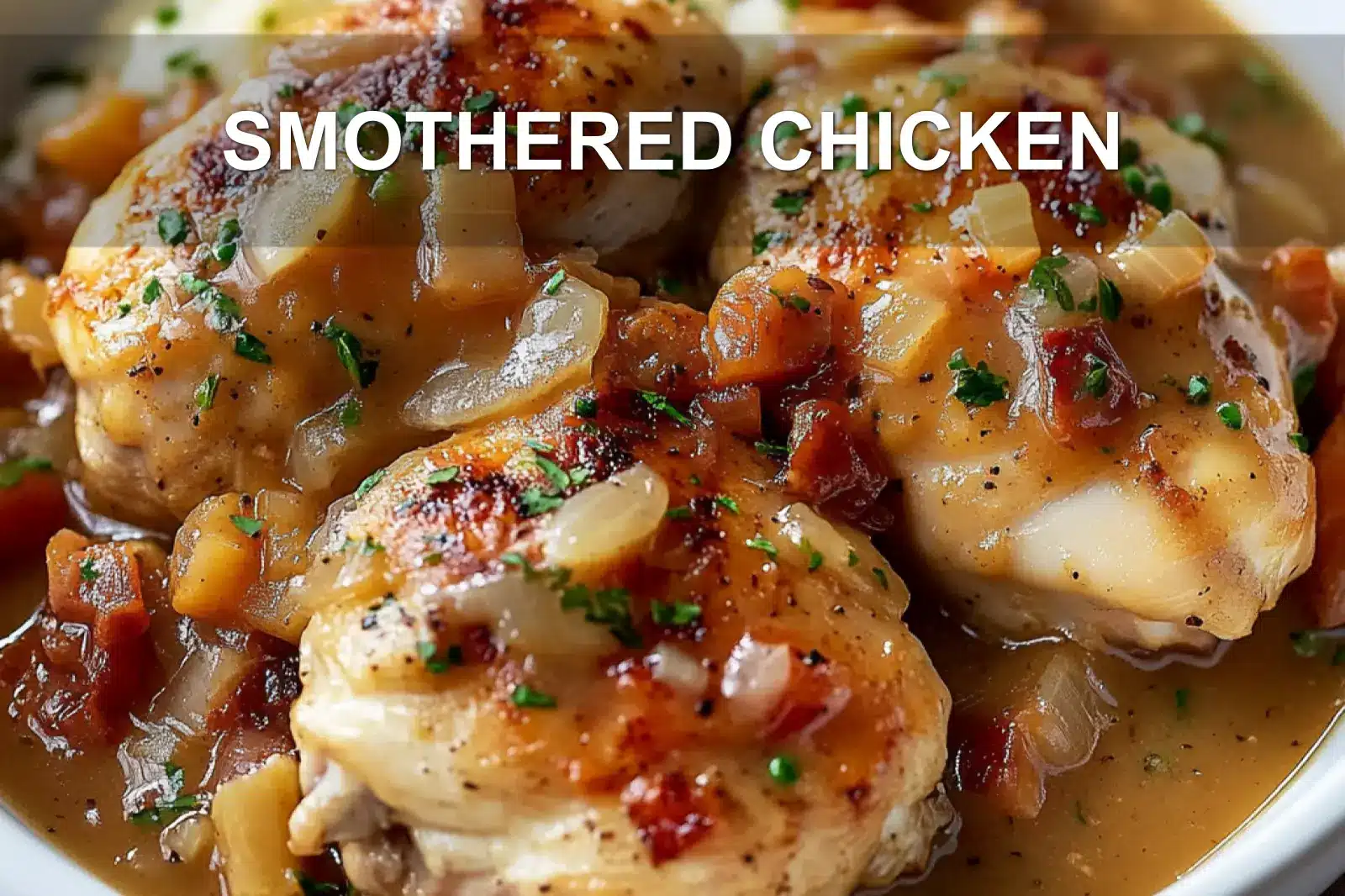SMOTHERED CHICKEN centered hero view, clean and uncluttered