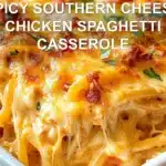 SPICY SOUTHERN CHEESY CHICKEN SPAGHETTI CASSEROLE centered hero view, clean and uncluttered