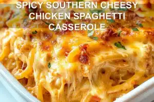 SPICY SOUTHERN CHEESY CHICKEN SPAGHETTI CASSEROLE centered hero view, clean and uncluttered