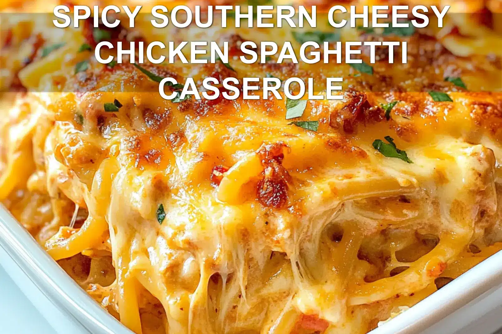 SPICY SOUTHERN CHEESY CHICKEN SPAGHETTI CASSEROLE centered hero view, clean and uncluttered