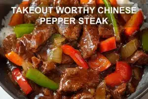 TAKEOUT WORTHY CHINESE PEPPER STEAK centered hero view, clean and uncluttered