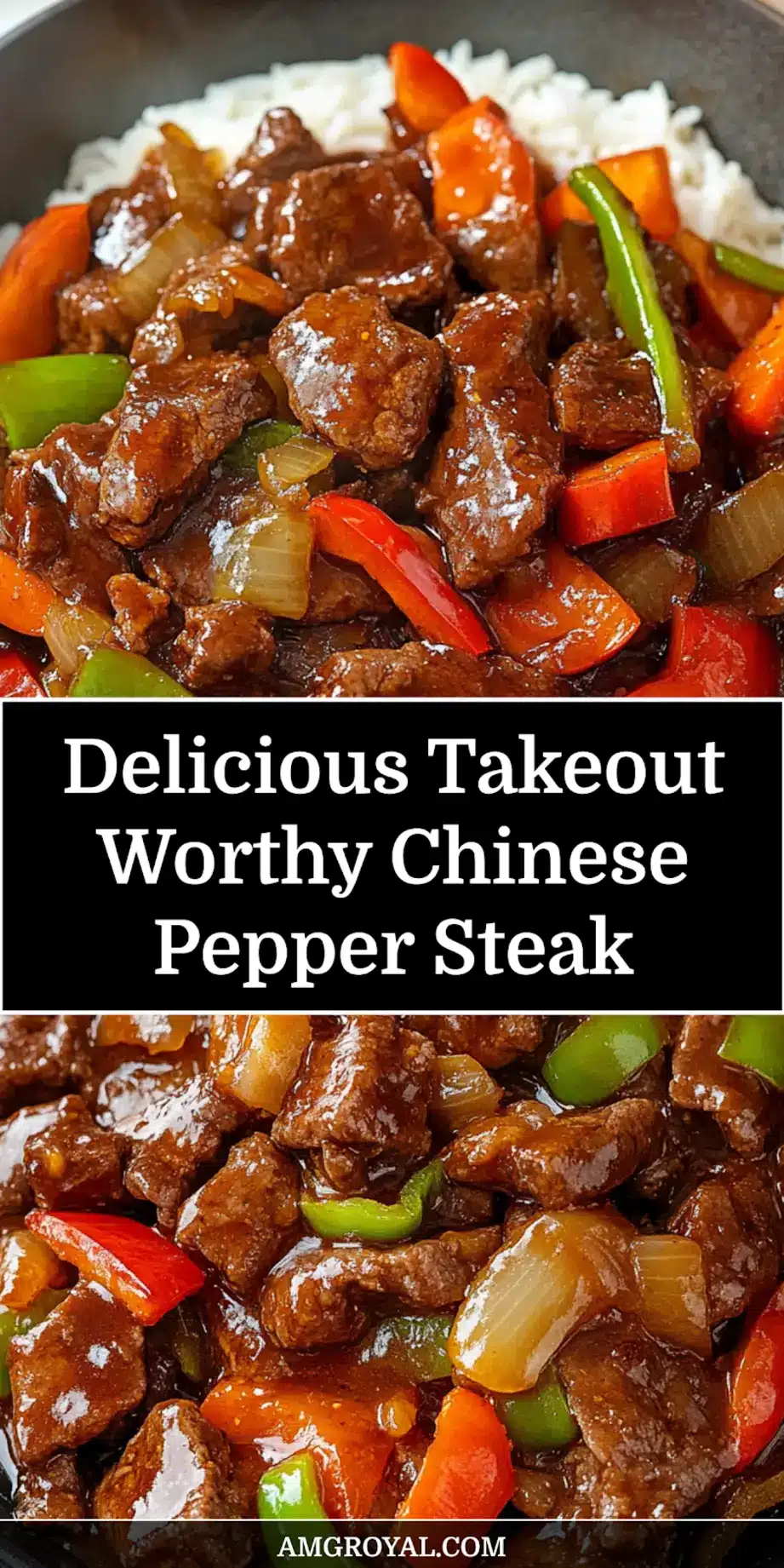 Takeout Worthy Chinese Pepper Steak that You'll Love 6 Vibrant and glossy Takeout Worthy Chinese Pepper Steak with crisp bell peppers and tender beef, plated over rice, perfect for sharing on Pinterest.