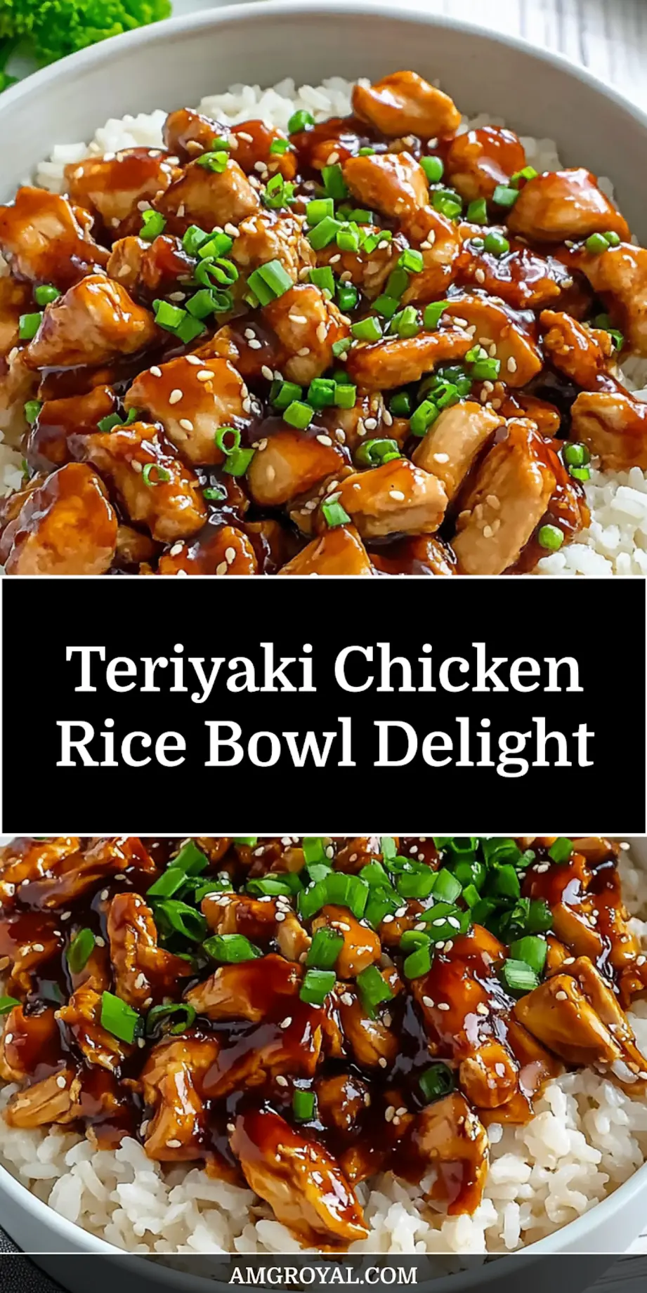 Close-up of a delicious Teriyaki Chicken Rice Bowl, garnished and ready to be served, perfect for recipe inspiration.