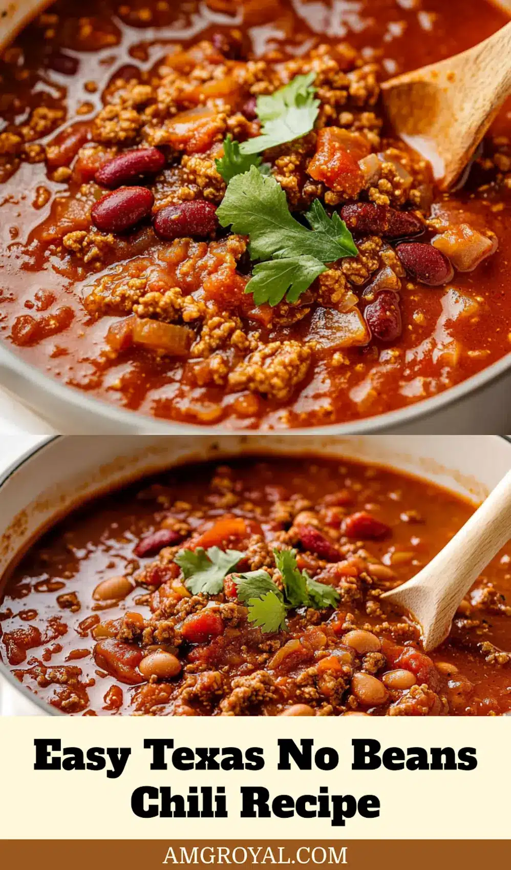 Texas No Beans Chili Recipe: Irresistible Taste Adventure 7 A comforting bowl of Texas No Beans Chili, garnished with shredded cheddar cheese, a dollop of sour cream, and fresh cilantro, perfect for sharing on Pinterest.