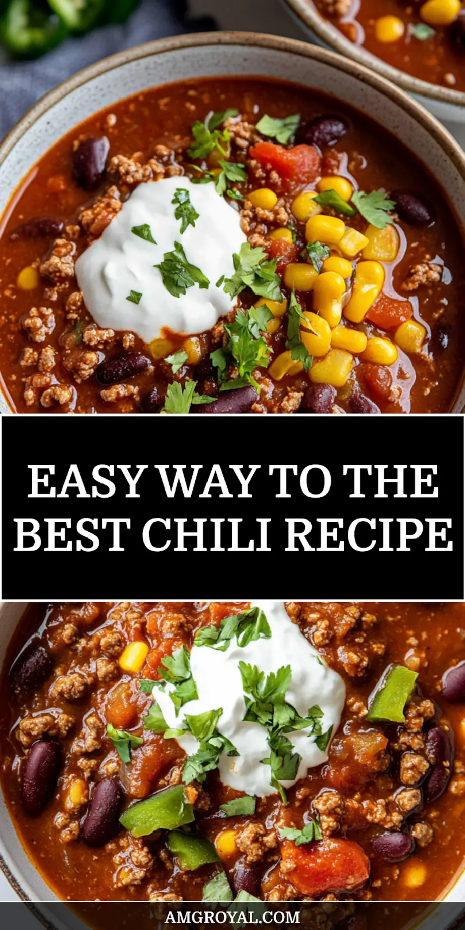 A delicious bowl of the best chili recipe, garnished with cheese and sour cream, perfect for a Pinterest recipe pin.