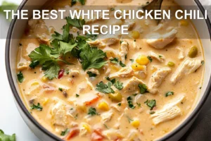THE BEST WHITE CHICKEN CHILI RECIPE centered hero view, clean and uncluttered