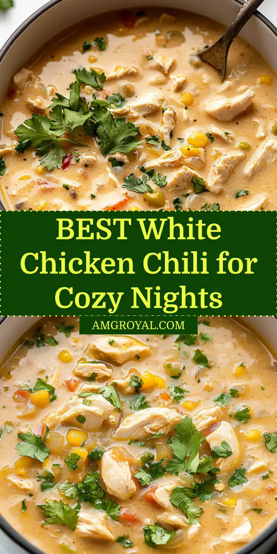 A comforting bowl of THE BEST White Chicken Chili Recipe, garnished with fresh cilantro and lime, ready for sharing on Pinterest.