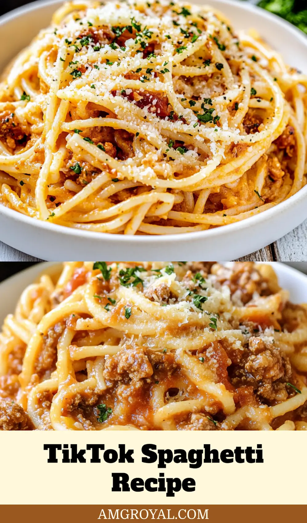 TikTok Spaghetti Recipe Easy and Delicious Twists 7 A visually appealing Pinterest pin for TikTok Spaghetti, showcasing the delightful swirled layers of creamy Alfredo and rich meat sauce, topped with golden, melted mozzarella cheese. Perfect for sharing on social media.