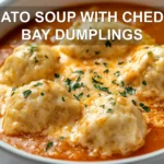 TOMATO SOUP WITH CHEDDAR BAY DUMPLINGS centered hero view, clean and uncluttered