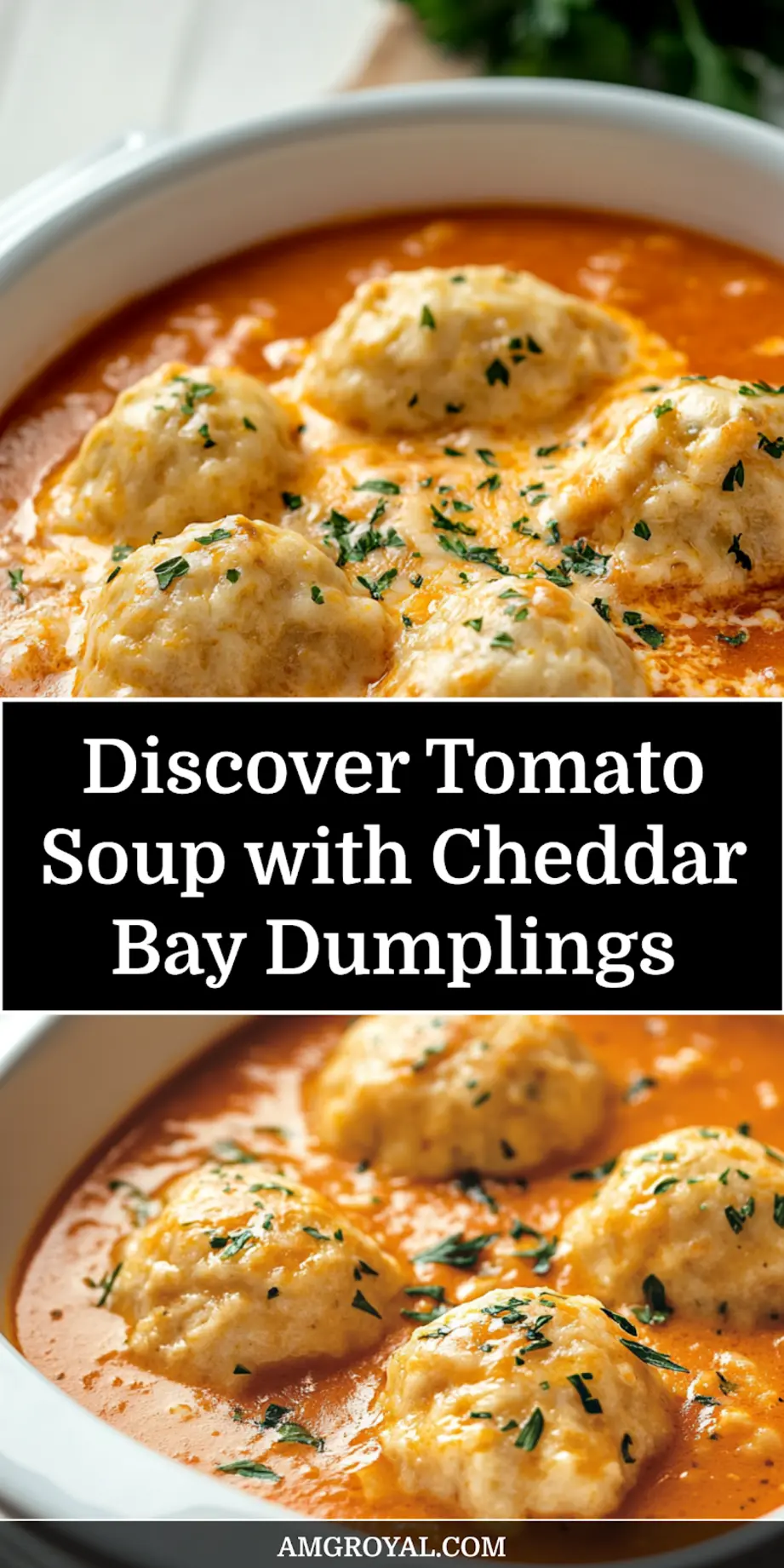 Overhead shot of tomato soup with cheddar bay dumplings in a bowl, perfect for Pinterest sharing
