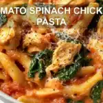 TOMATO SPINACH CHICKEN PASTA centered hero view, clean and uncluttered