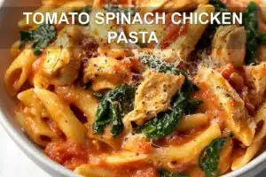 Tomato Spinach Chicken Pasta Recipe Easy and Delicious TOMATO SPINACH CHICKEN PASTA centered hero view, clean and uncluttered
