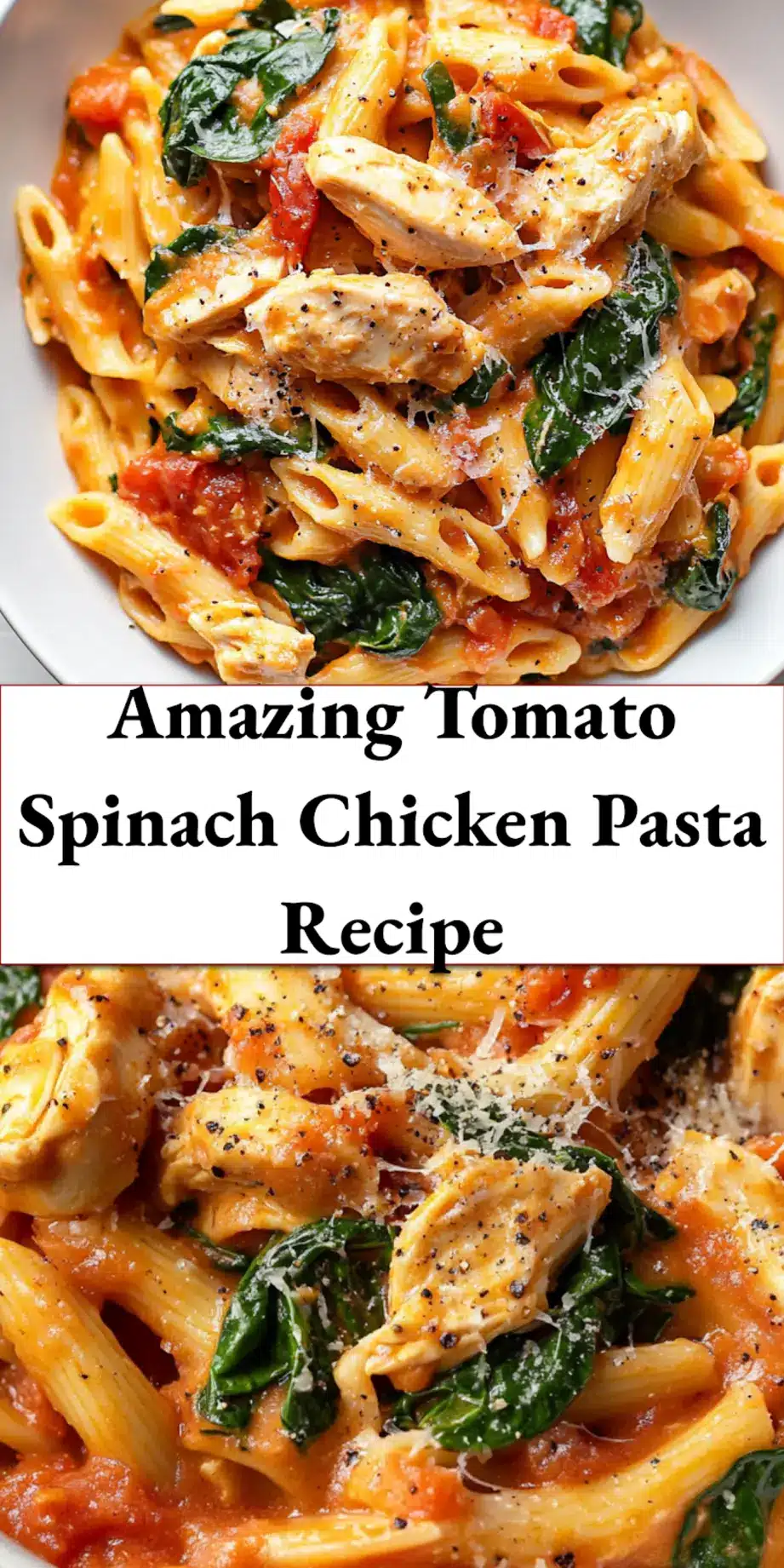 A close-up of creamy Tomato Spinach Chicken Pasta, garnished with fresh herbs, suitable for social media sharing