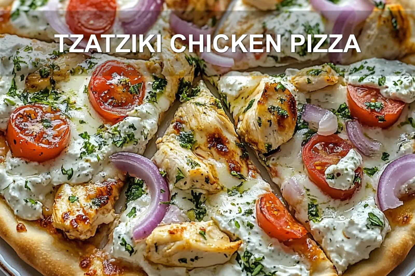 TZATZIKI CHICKEN PIZZA centered hero view, clean and uncluttered
