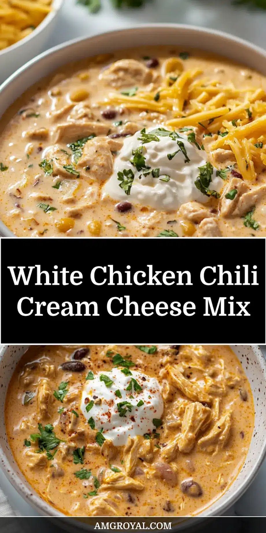 A Pinterest-optimized image of creamy white chicken chili with cream cheese in a bowl, ready to be served.