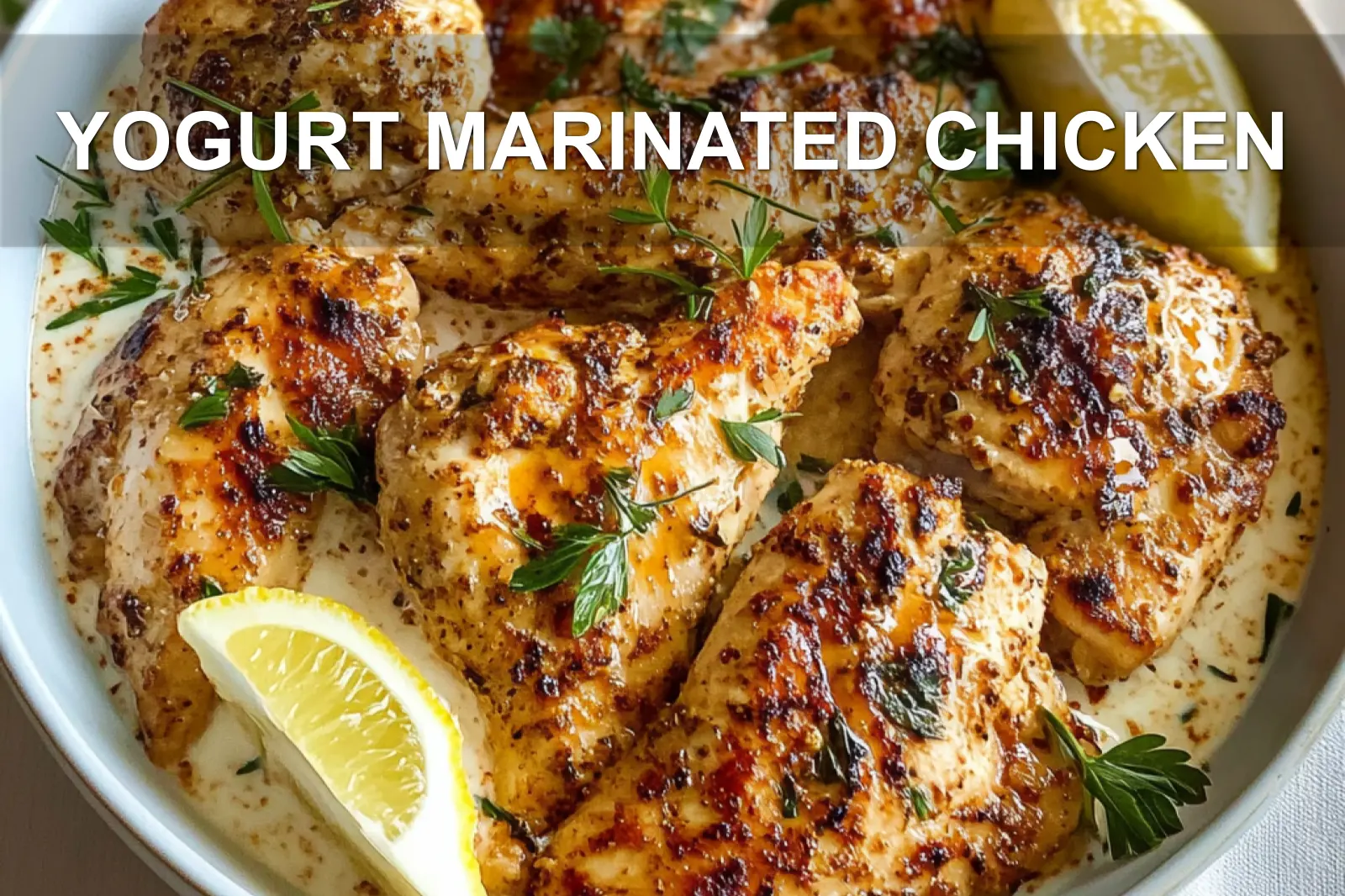 YOGURT MARINATED CHICKEN centered hero view, clean and uncluttered