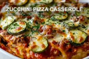 Zucchini Pizza Casserole Easy Delicious Comfort Food ZUCCHINI PIZZA CASSEROLE centered hero view, clean and uncluttered
