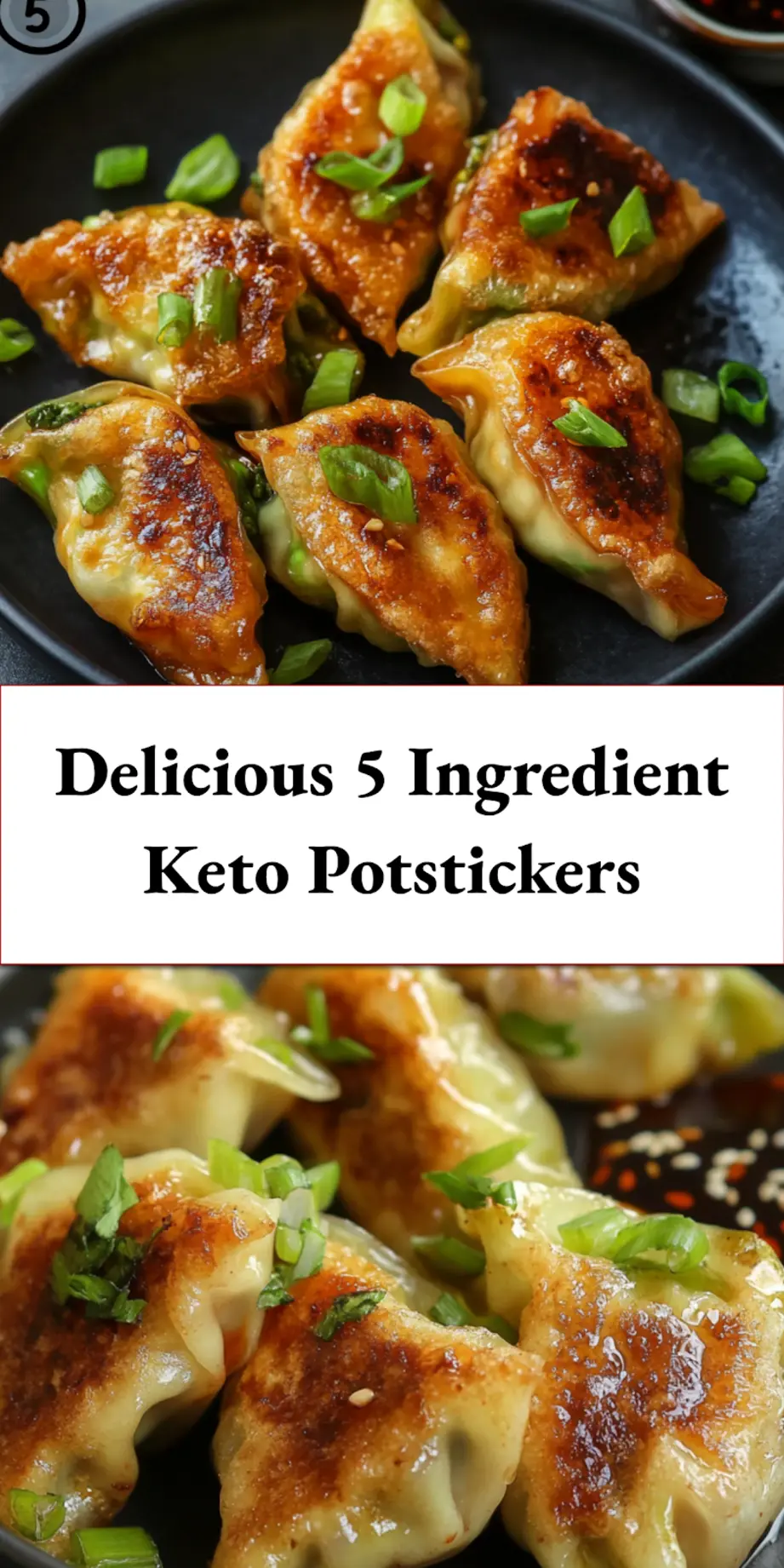 Plated 5 ingredient keto potstickers with golden crispy bottoms and garnish