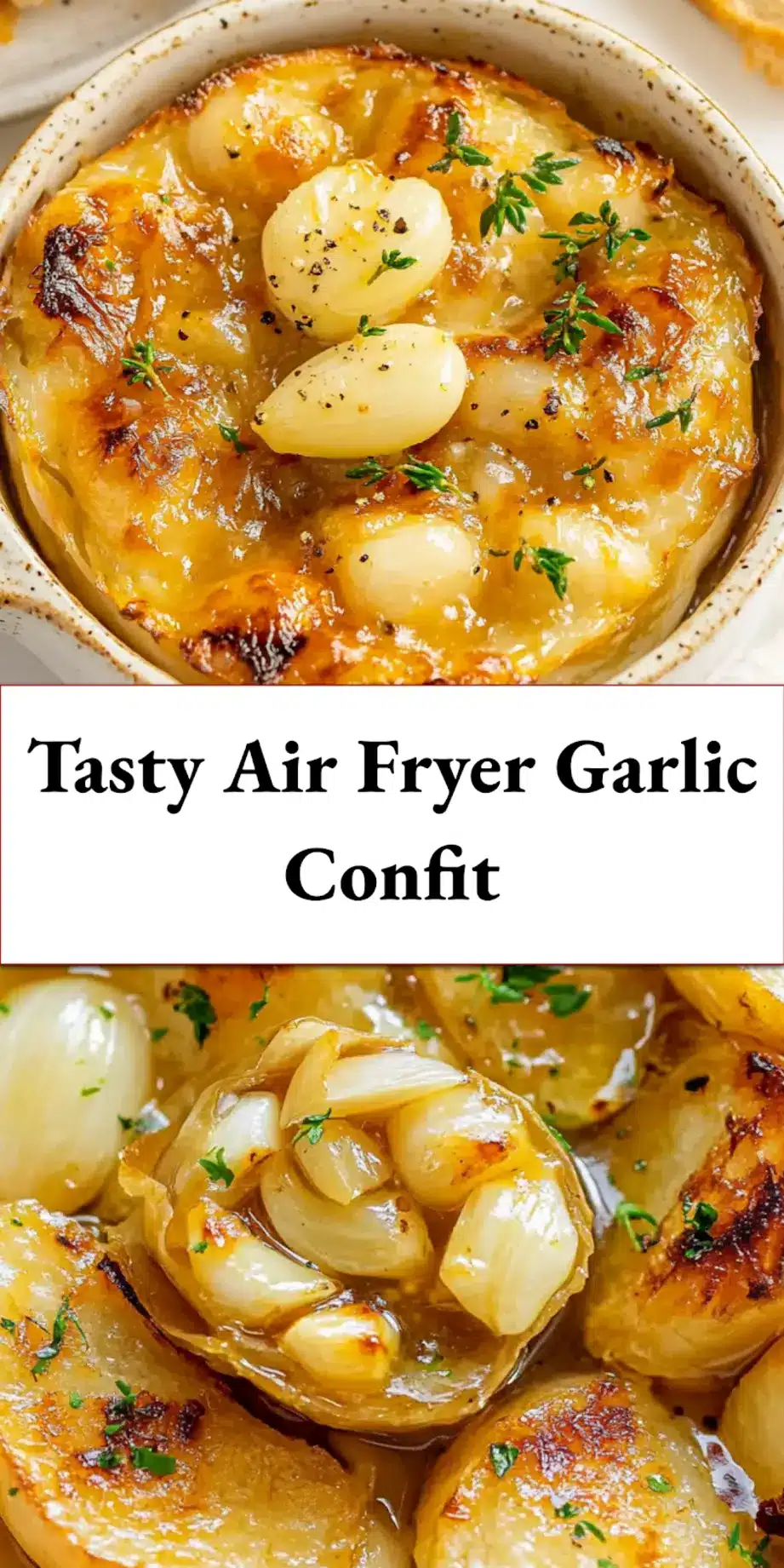 Golden air fryer garlic confit cloves submerged in infused olive oil within a glass jar