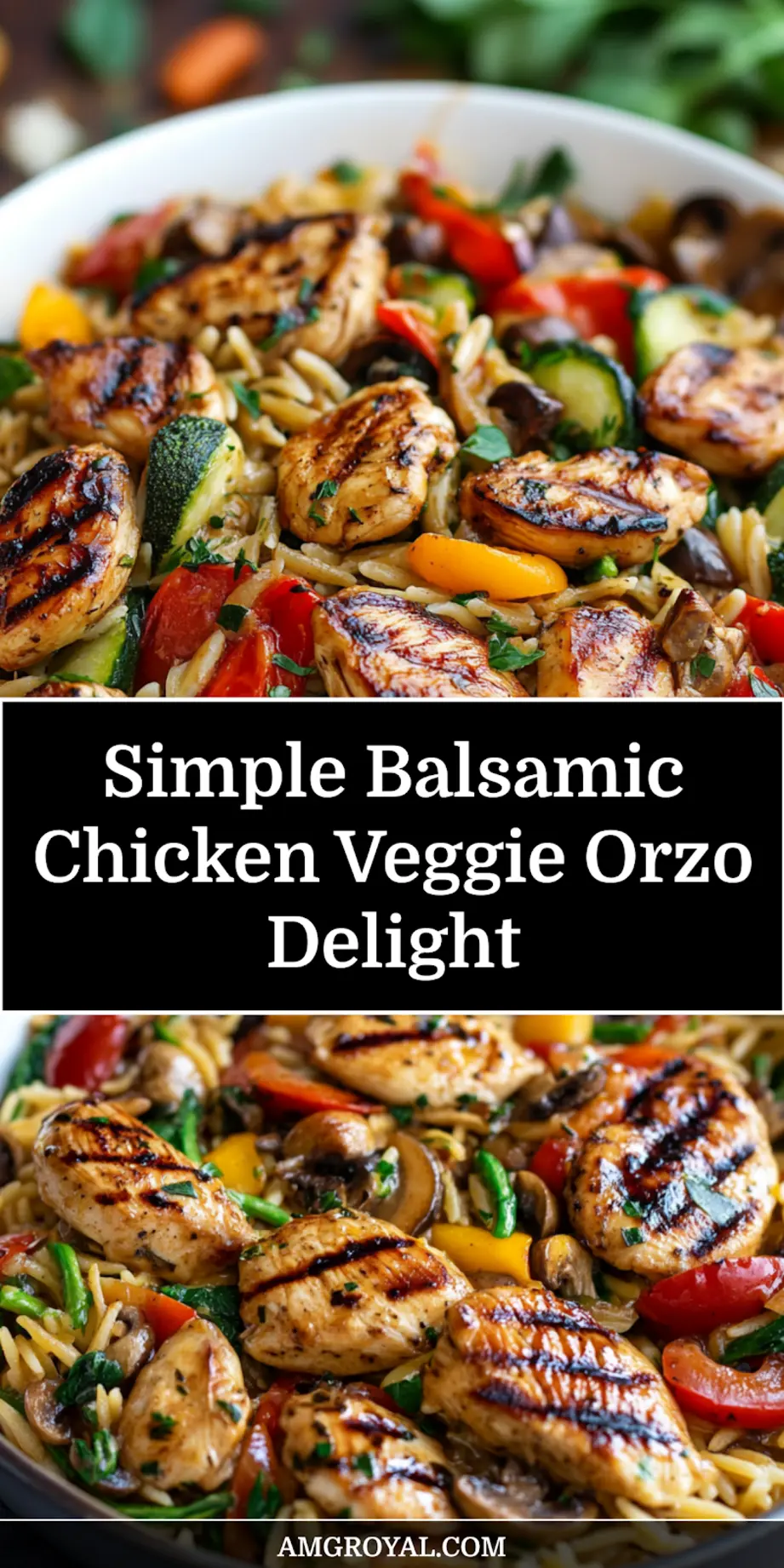 Plated Balsamic Chicken Veggie Orzo with fresh basil garnish