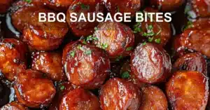 BBQ Sausage Bites Perfect Easy Party Appetizer BBQ SAUSAGE BITES centered hero view, clean and uncluttered