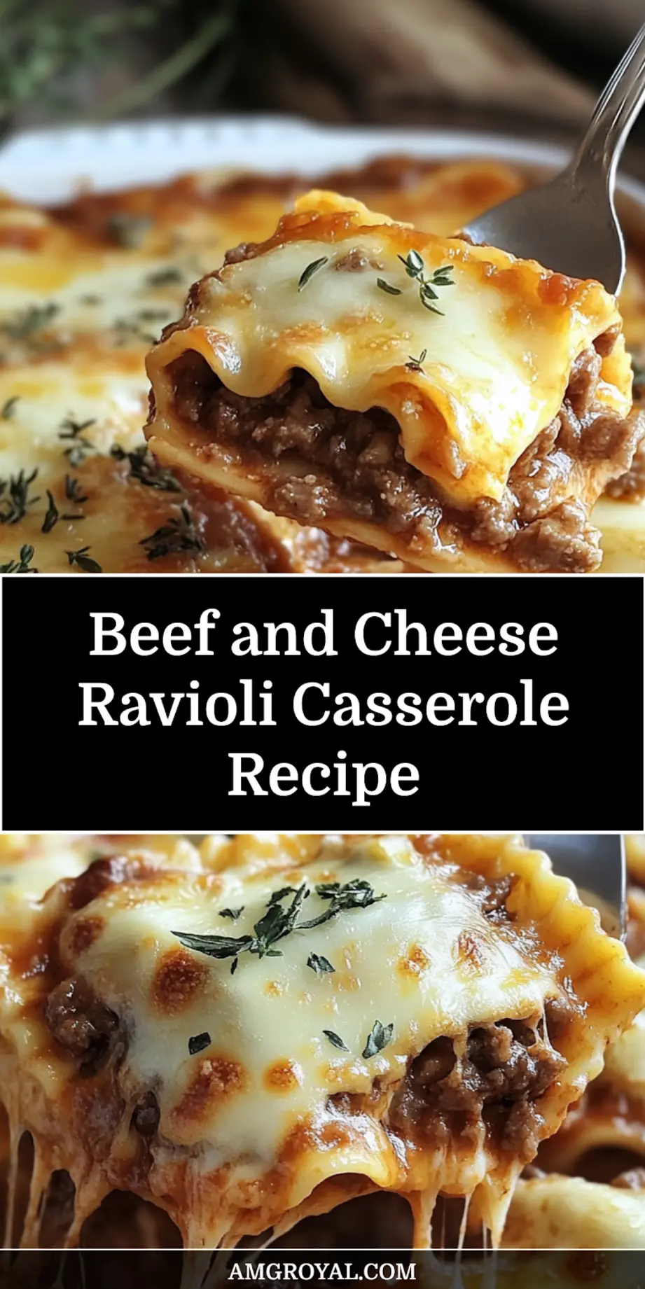 BEEF AND CHEESE RAVIOLI CASSEROLE centered hero view, clean and uncluttered_pin