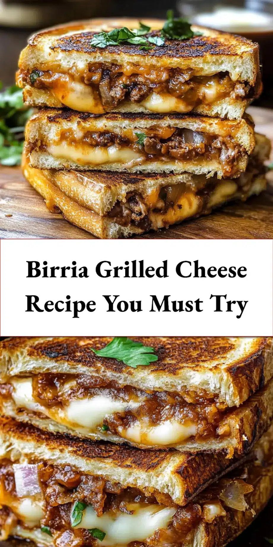 Close-up of Birria Grilled Cheese showcasing the melted cheese and crispy bread