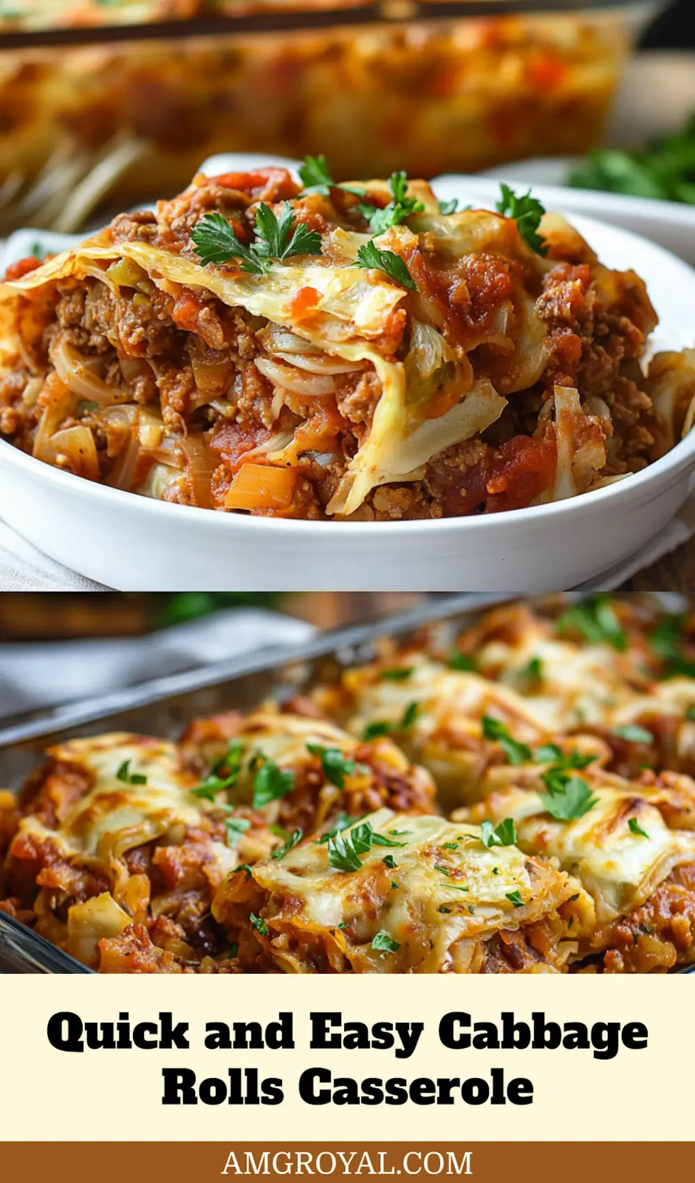 Cabbage Rolls Casserole plated, showing layers of cabbage, beef, and sauce in a clean presentation