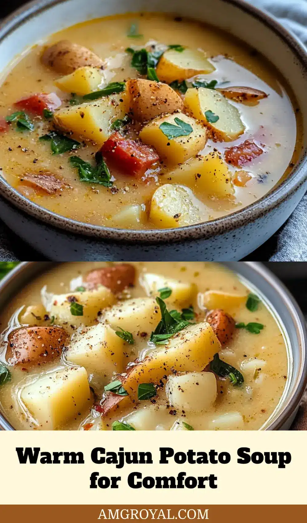 Close-up of Cajun Potato Soup showcasing creamy texture and cheddar cheese garnish