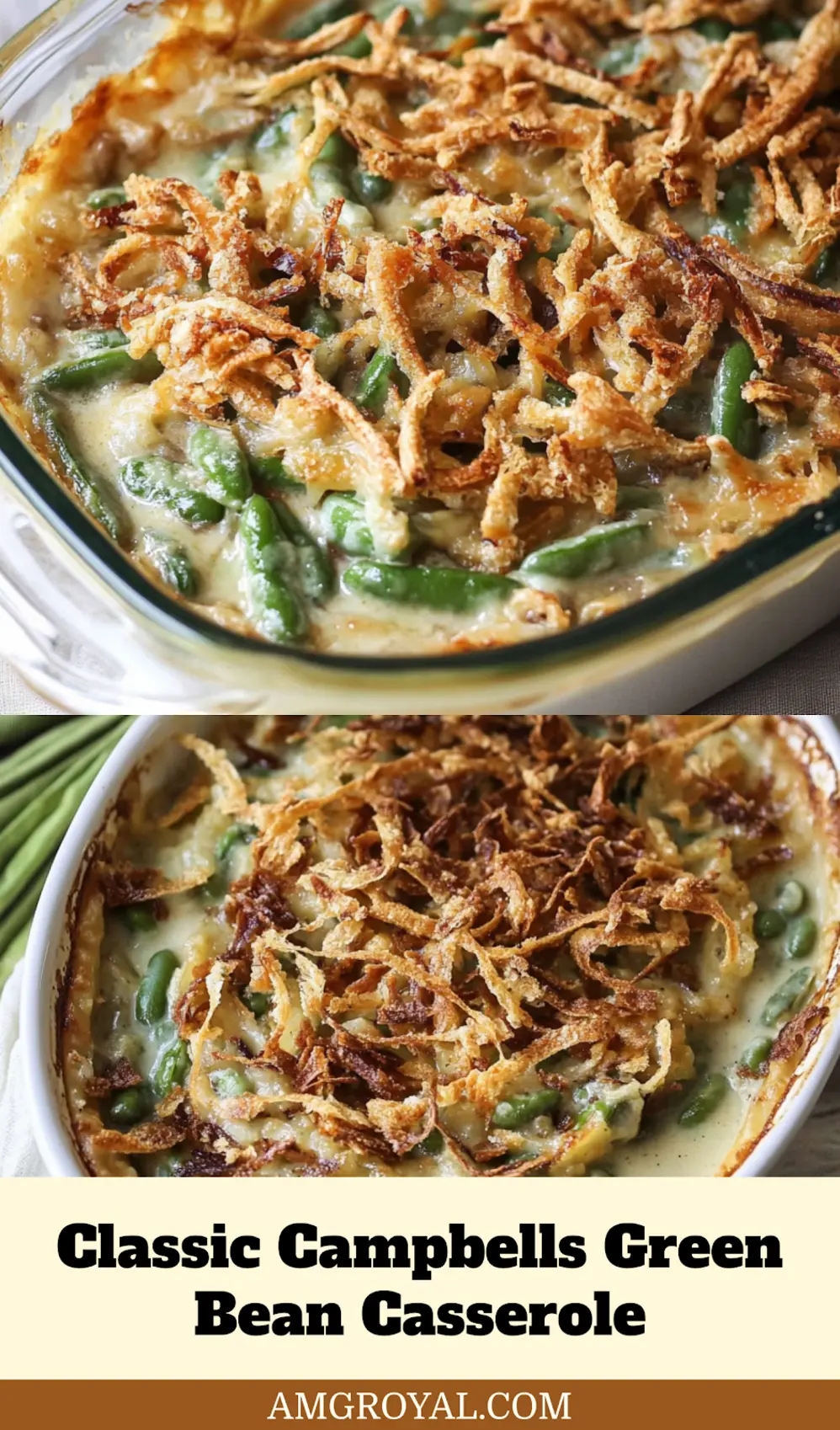 Campbells Green Bean Casserole centered hero view, clean and uncluttered, pin