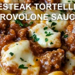 CHEESESTEAK TORTELLINI RICH PROVOLONE SAUCE centered hero view, clean and uncluttered