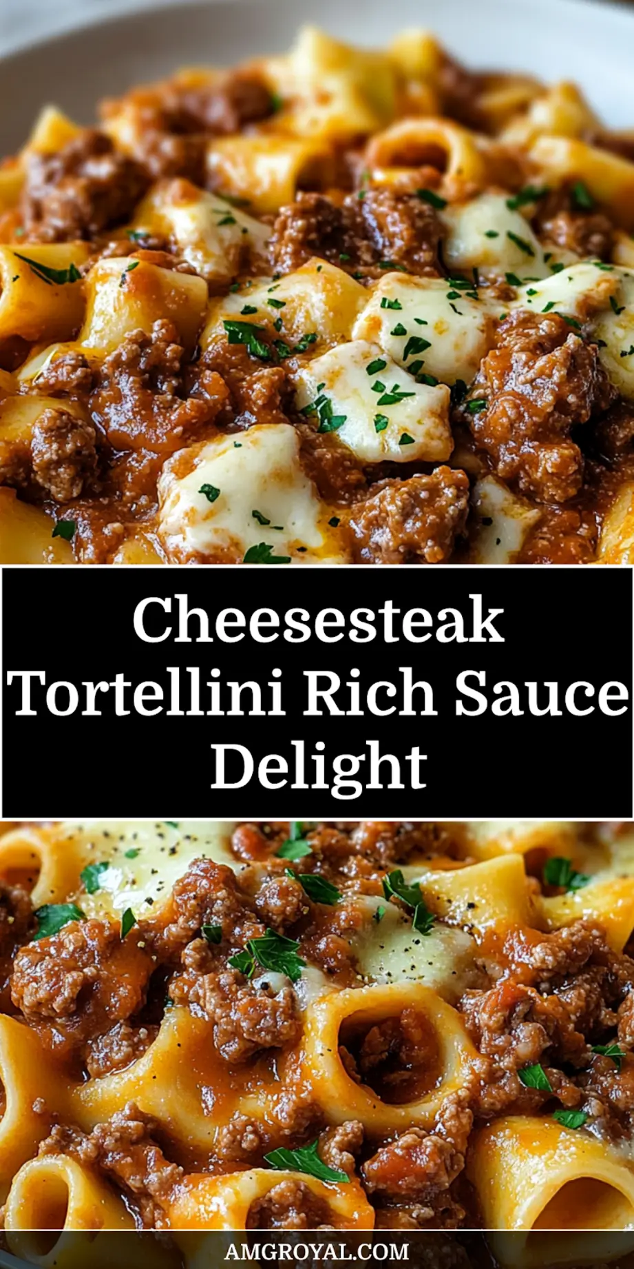 CHEESESTEAK TORTELLINI RICH PROVOLONE SAUCE centered hero view, clean and uncluttered_pin
