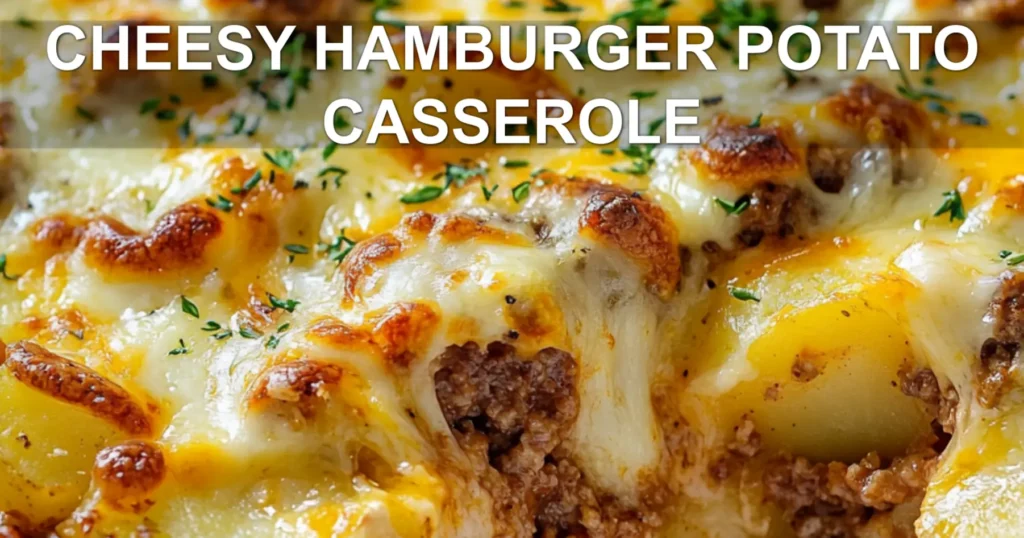 CHEESY HAMBURGER POTATO CASSEROLE centered hero view, clean and uncluttered