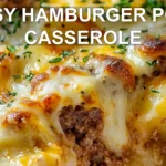CHEESY HAMBURGER POTATO CASSEROLE centered hero view, clean and uncluttered
