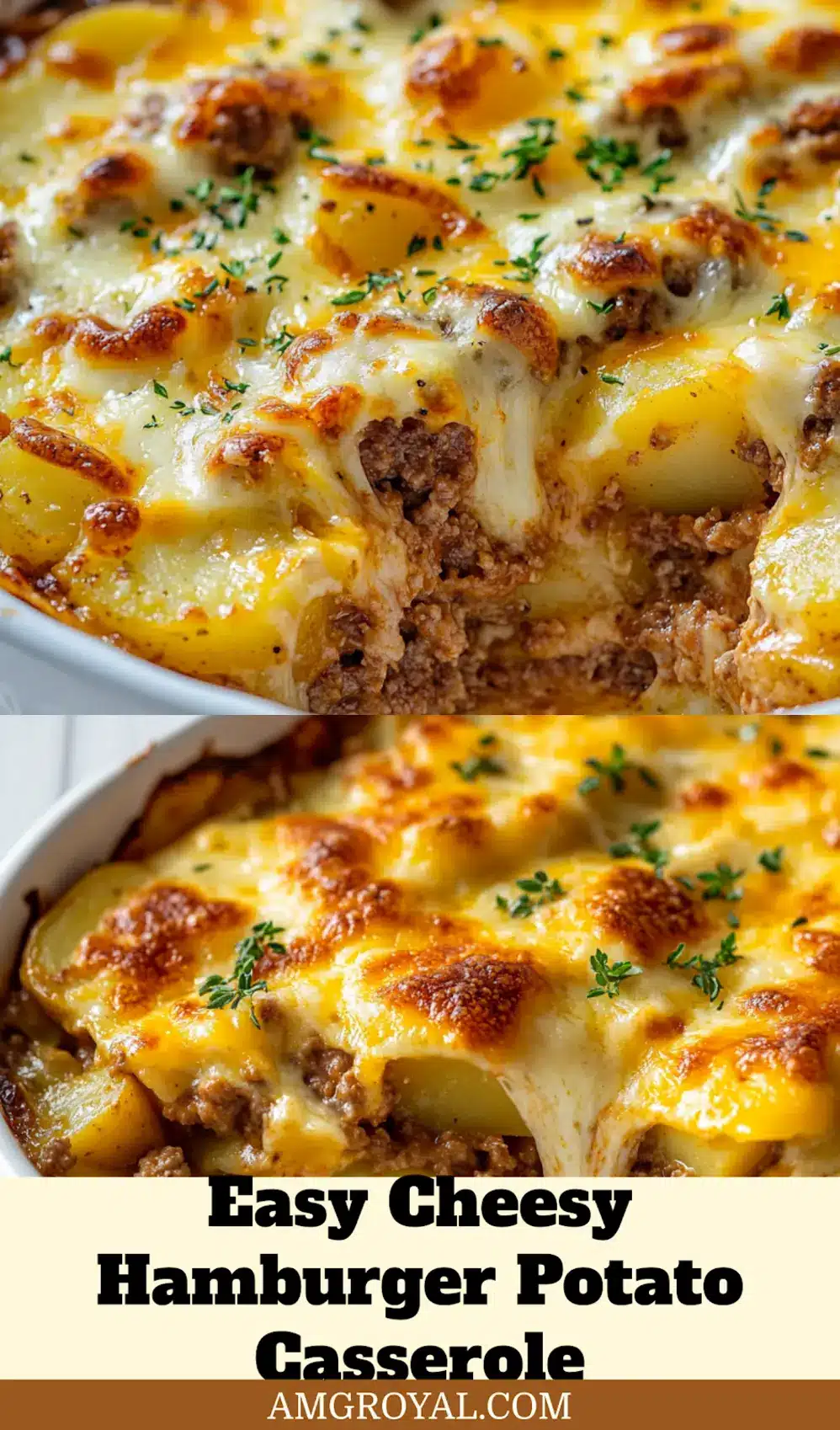 CHEESY HAMBURGER POTATO CASSEROLE centered hero view, clean and uncluttered_pin