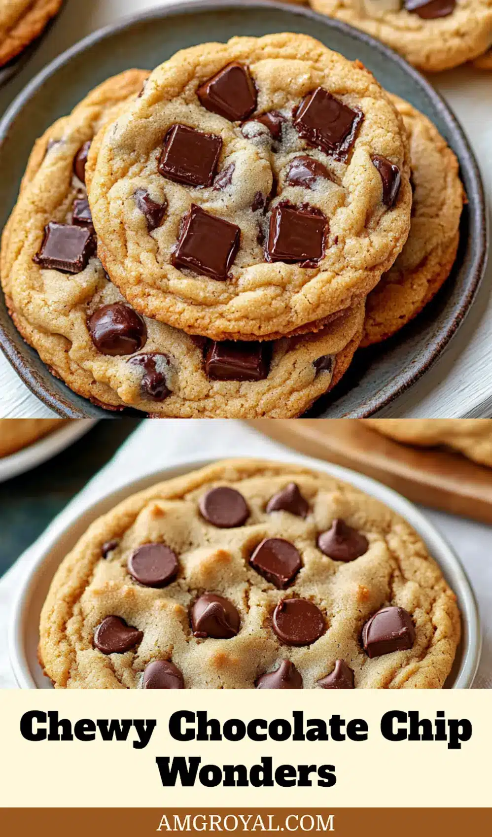 Plate of freshly baked chewy chocolate chip cookies with golden edges