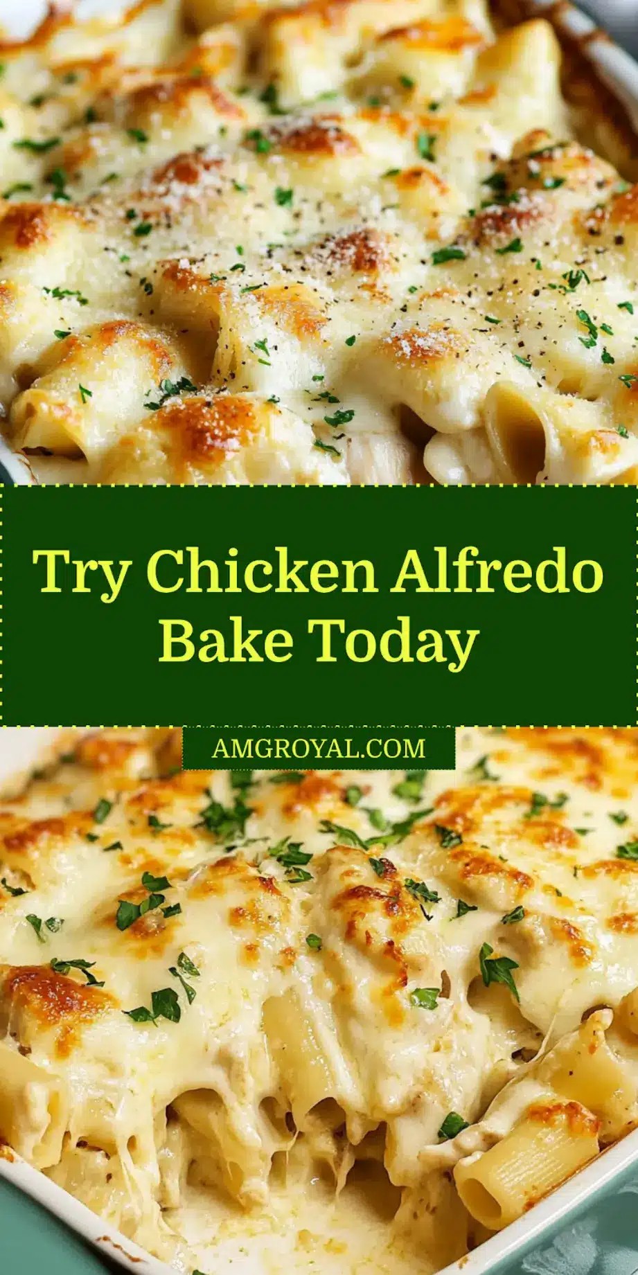 Close-up of Chicken Alfredo Bake with golden bubbly cheese on top