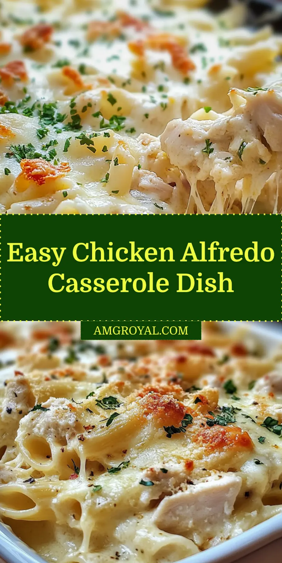 Chicken Alfredo Casserole centered hero view, clean and uncluttered