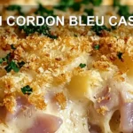 CHICKEN CORDON BLEU CASSEROLE centered hero view, clean and uncluttered