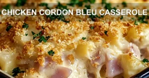 CHICKEN CORDON BLEU CASSEROLE centered hero view, clean and uncluttered