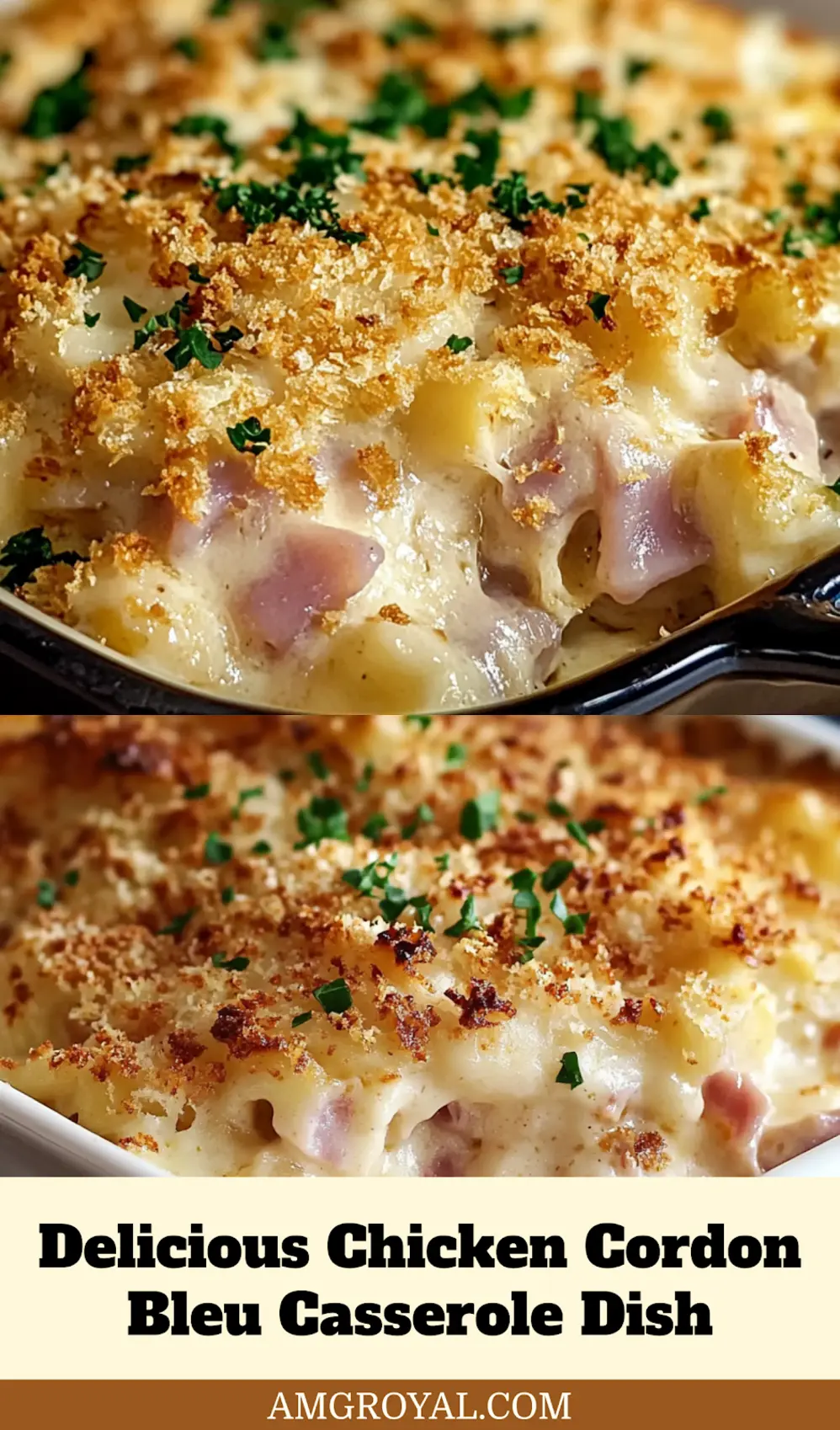 Golden baked Chicken Cordon Bleu Casserole fresh from the oven