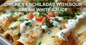CHICKEN ENCHILADAS WITH SOUR CREAM WHITE SAUCE centered hero view, clean and uncluttered