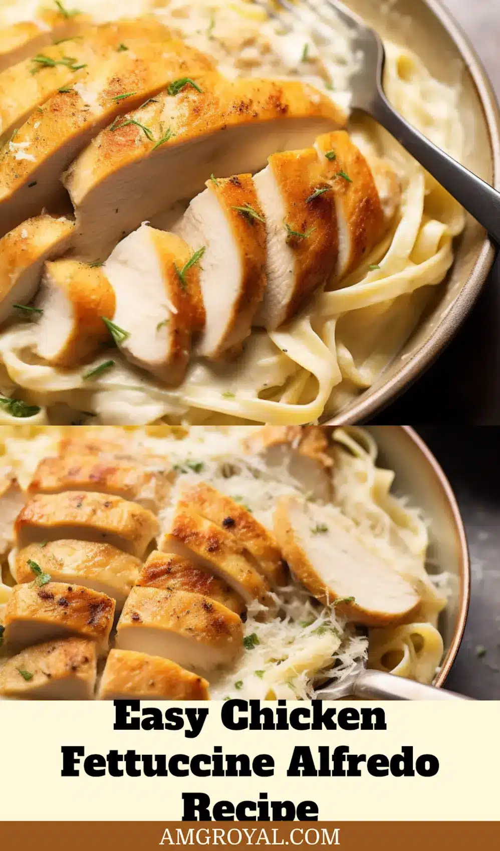 Chicken Fettuccine Alfredo Delicious and Quick Recipe 7 CHICKEN FETTUCCINE ALFREDO centered hero view, clean and uncluttered_pin
