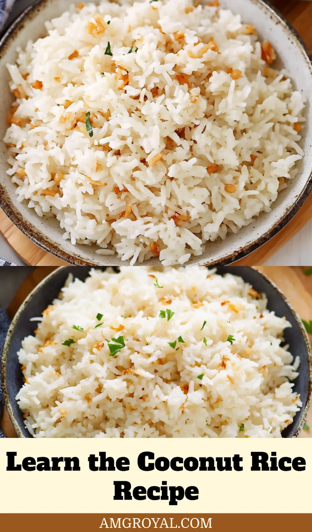 Perfectly cooked Coconut Rice on a white plate, garnished and ready to serve