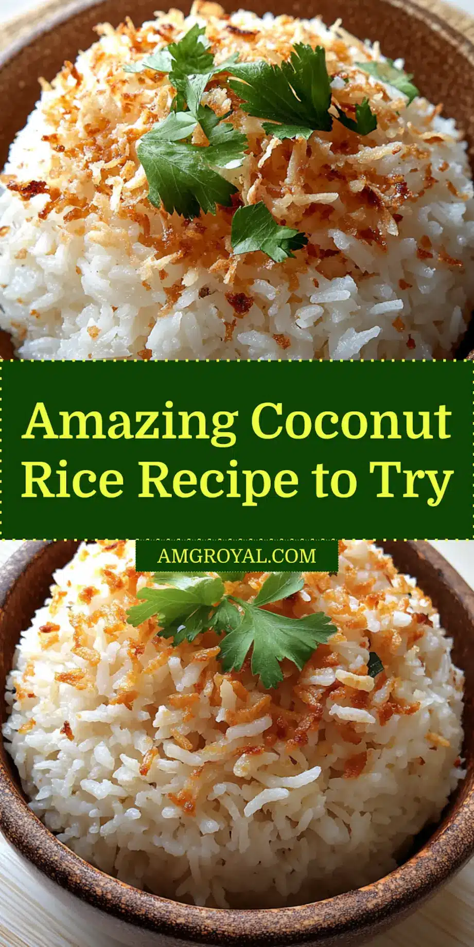 Beautifully plated coconut rice with toasted coconut flakes and fresh herbs