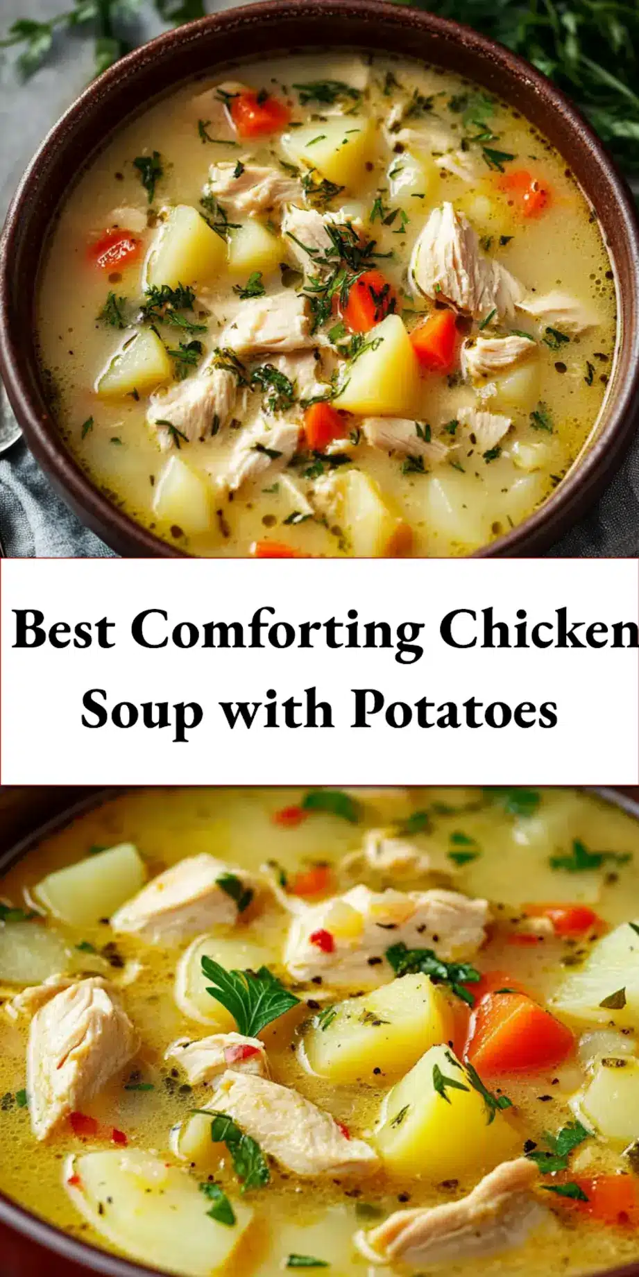 Comforting chicken soup with potatoes, centered hero view, clean and uncluttered_pin