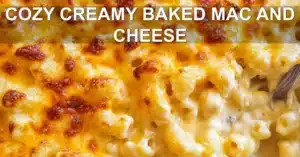 COZY CREAMY BAKED MAC AND CHEESE centered hero view, clean and uncluttered