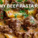 CREAMY BEEF PASTA RECIPE centered hero view, clean and uncluttered